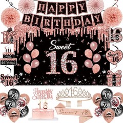 Sweet 16 Birthday Decorations Set, 52Pcs Rose Gold & Black, Crown, Sash, Banner,