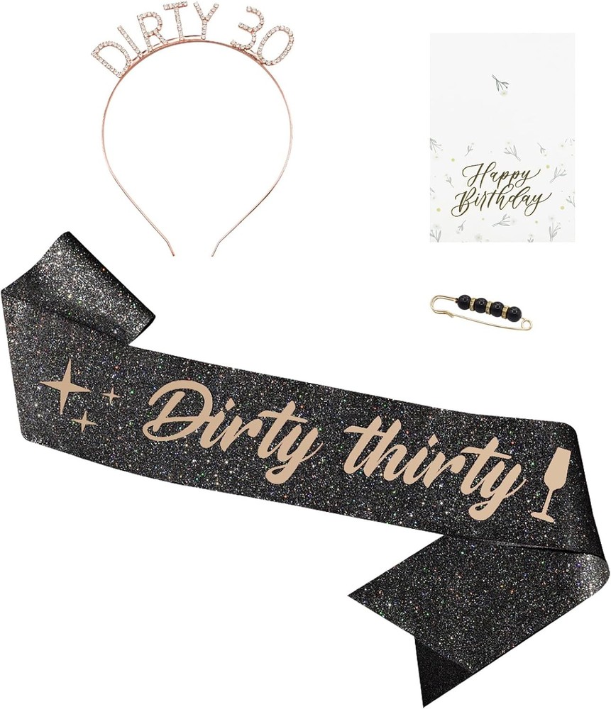 30th Birthday Decorations for Her, Dirty Thirty Sash & Headband & Pearl Black
