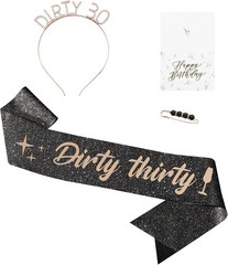 30th Birthday Decorations for Her, Dirty Thirty Sash & Headband & Pearl Black