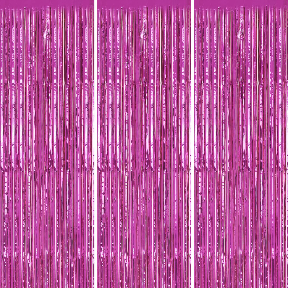 3 Pack Foil Fringe Backdrop – Hot Pink Shiny Tinsel Curtains for Party Decoratio