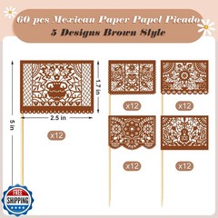 Epakh 60 Pcs Mexican Fiesta Cupcake Toppers Mini Papel Picado Banner Cake Top