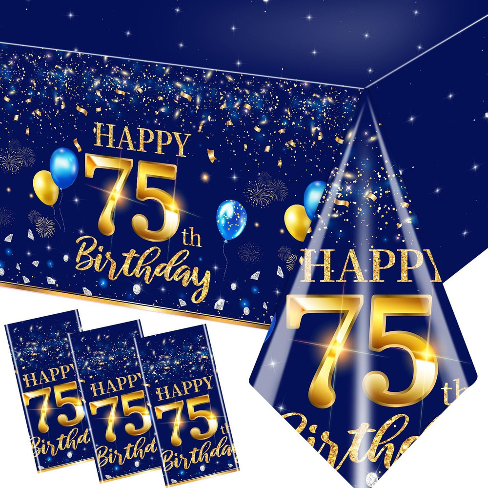 75th Birthday Decorations for Men – 3pcs Navy Blue and Gold Table Covers, Rectan
