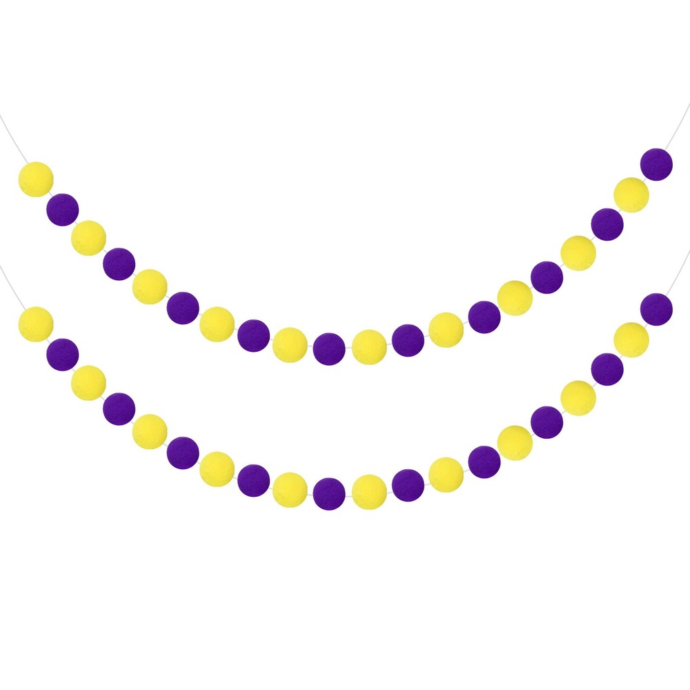 2pcs Pom Pom Garland 6.6 ft 20 Balls for Crafts Decor(Deep Purple, Yellow)