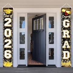 Black Gold Graduation Decorations Class of 2026 Congrats GRAD Porch Sign Banner