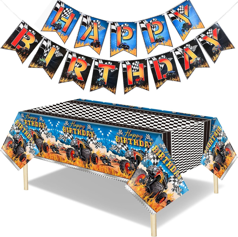 3 Pcs Monster Truck Tablecloths Plastic Happy Birthday Banner Monster Truck Birt