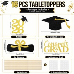 16 Pcs Graduation Decoration 2026 Centerpieces Sticks Gold Black Double Side