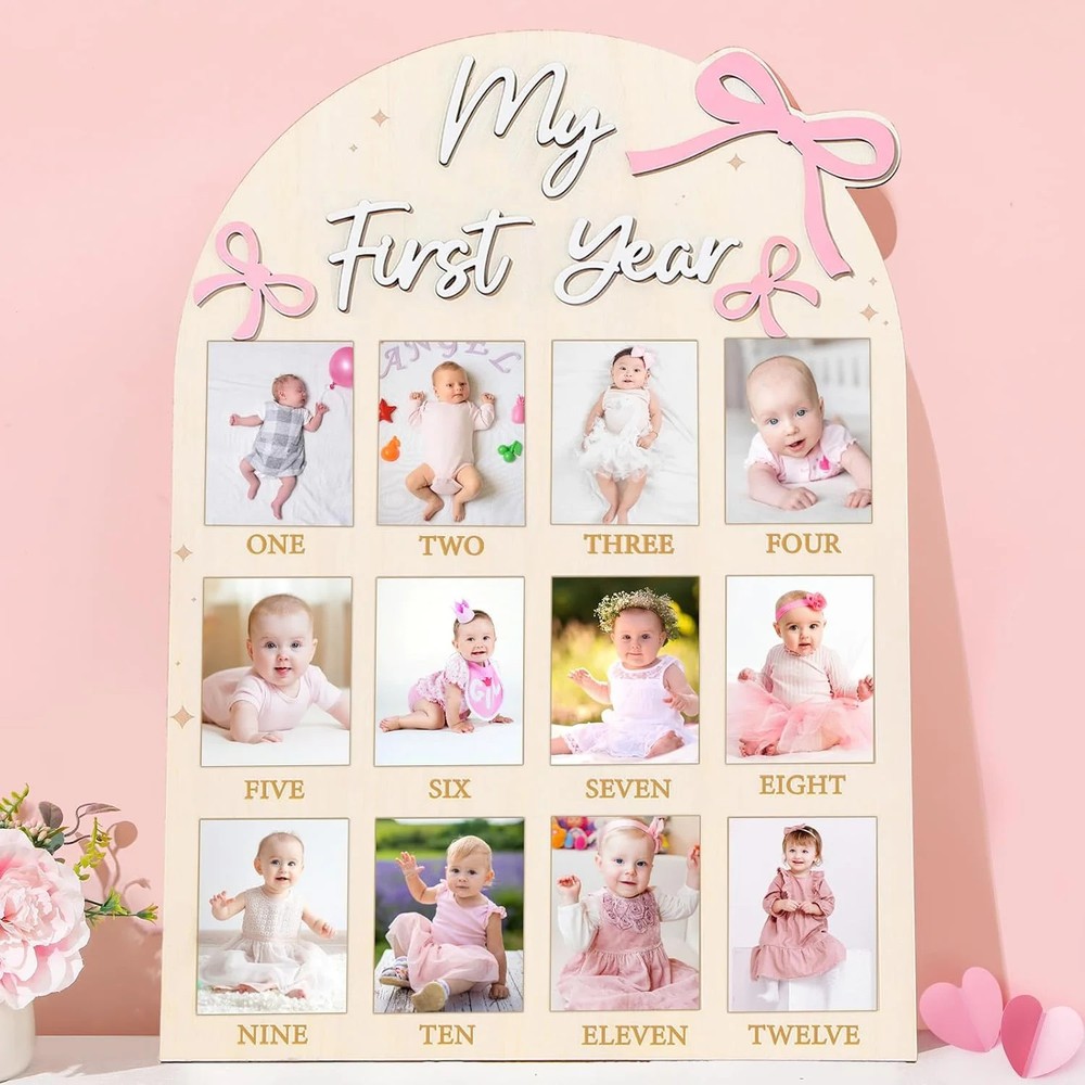 Pink Bow First Year Photo Board Coquette Bow Birthday Party Decorations Wooden B