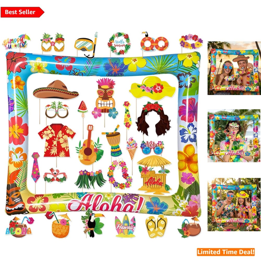 Complete Hawaiian Luau Selfie Kit – 30 Props with Inflatable Frame for Parties