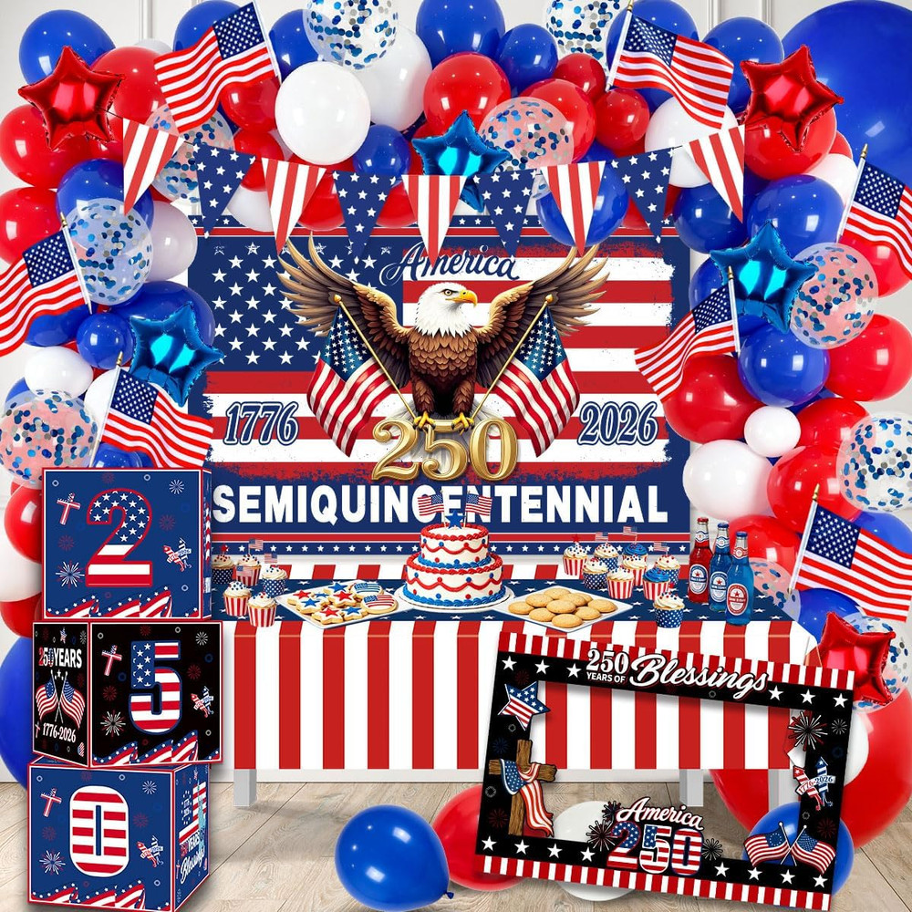 USA 250th Complete Patriotic Party Kit 170Pc Balloon Arch 4th of July Party Deco
