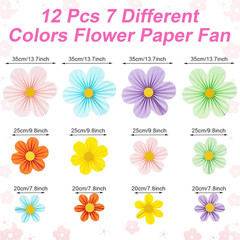 12 Pcs Paper Flowers Decorations for Wall, Pink Yellow Green Purple Orange Blue