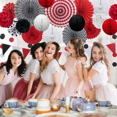 23Pcs Red Black Party Decorations with Hanging Fans Honeycomb Balls
