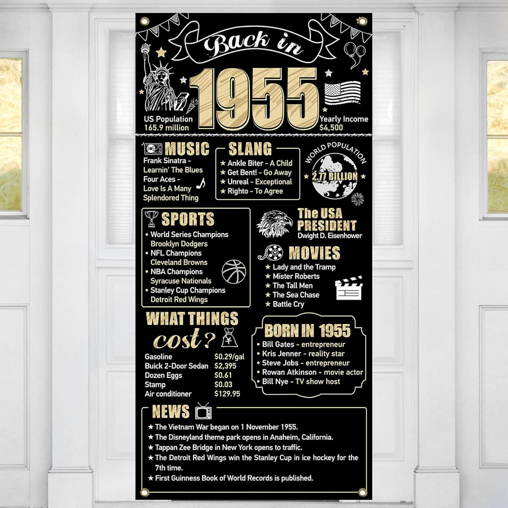 70th Birthday Decorations Back in 1955 Door Banner for Men Women, Black Gold Hap