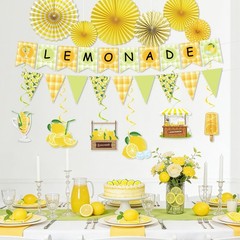 14pcs Lemonade Stand Party Decorations – Banners, Swirls, Paper Fans, Summer The