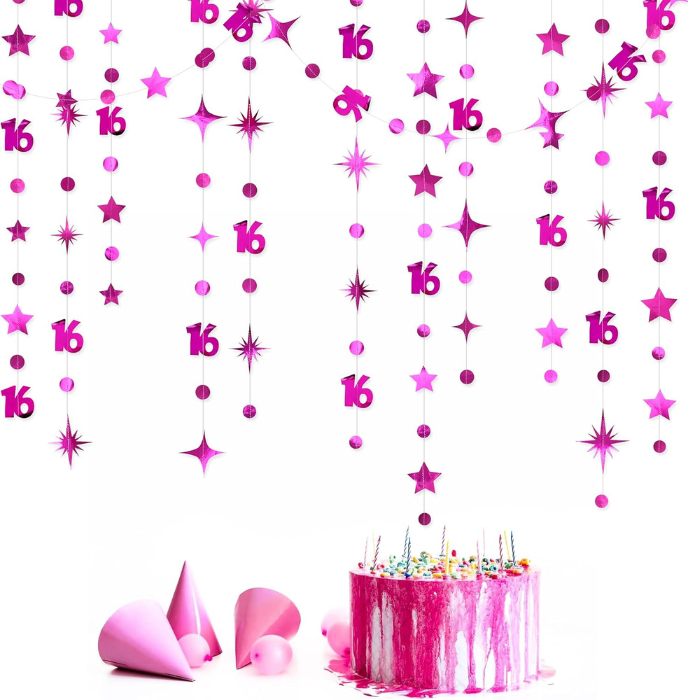 Hot Pink Number 16 Circle Dot Twinkle Star Garland Hanging Streamer Bunting Bann