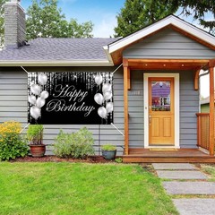 Silver Black Happy Birthday Backdrop Banner Photography Background Party Decor