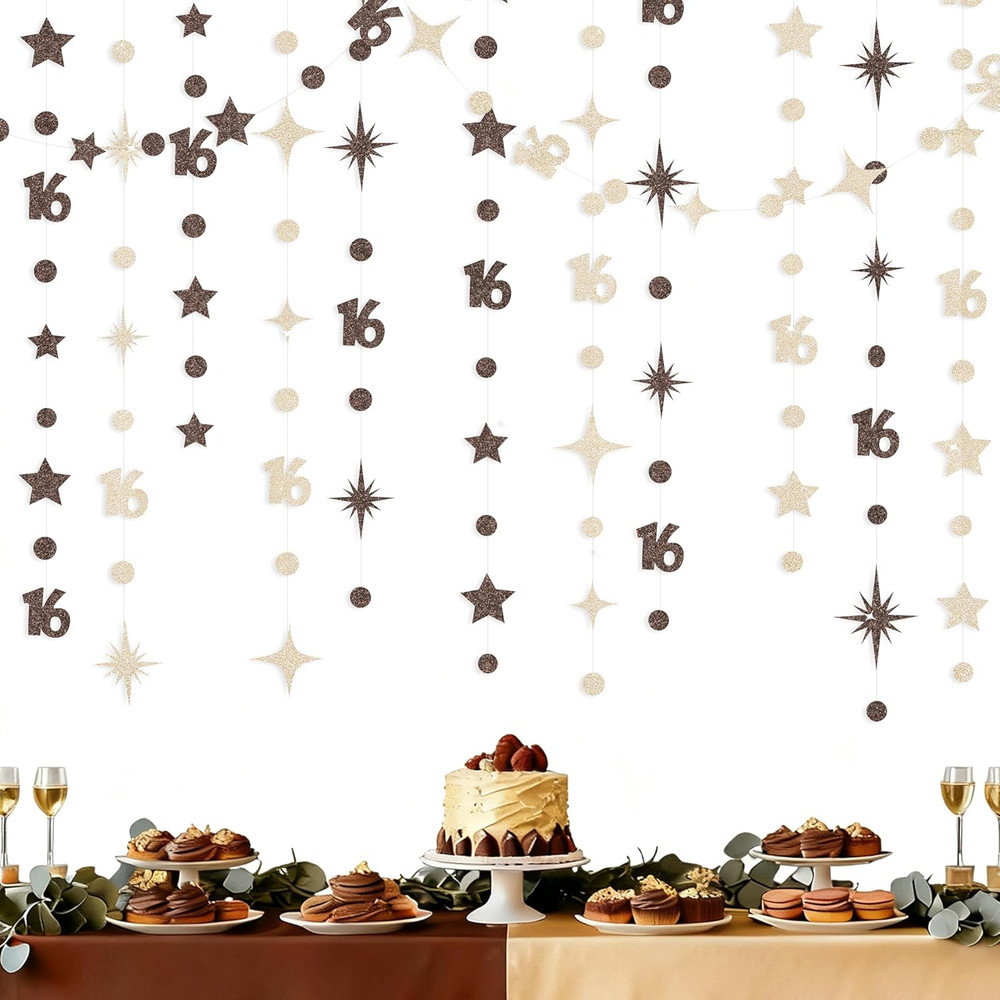 Champagne Gold Brown 16Th Birthday Decorations Number 16 Circle Dot Star Garland