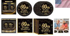 Stylish 60th Birthday Celebration Kit – 40PCS Black & Gold Paper Plates/Napkins