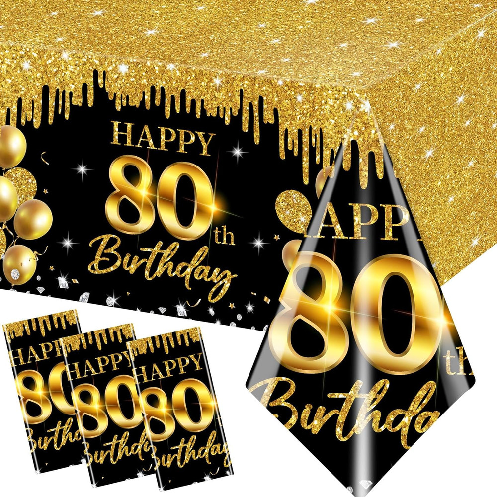 80th Birthday Tablecloth, 3Pcs Black Gold 80th Birthday Decorations Table Cloth