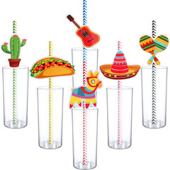 72 Pcs Mexican Fiesta Paper Straws & Toppers Taco Tuesday Party Favors Decor Set