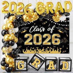 2026 Graduation Decorations – 123pcs Black Gold Balloon Arch, Boxes & Backdrop