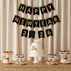 Happy New Year Banner 2026, DIY Black & Gold Glitter and