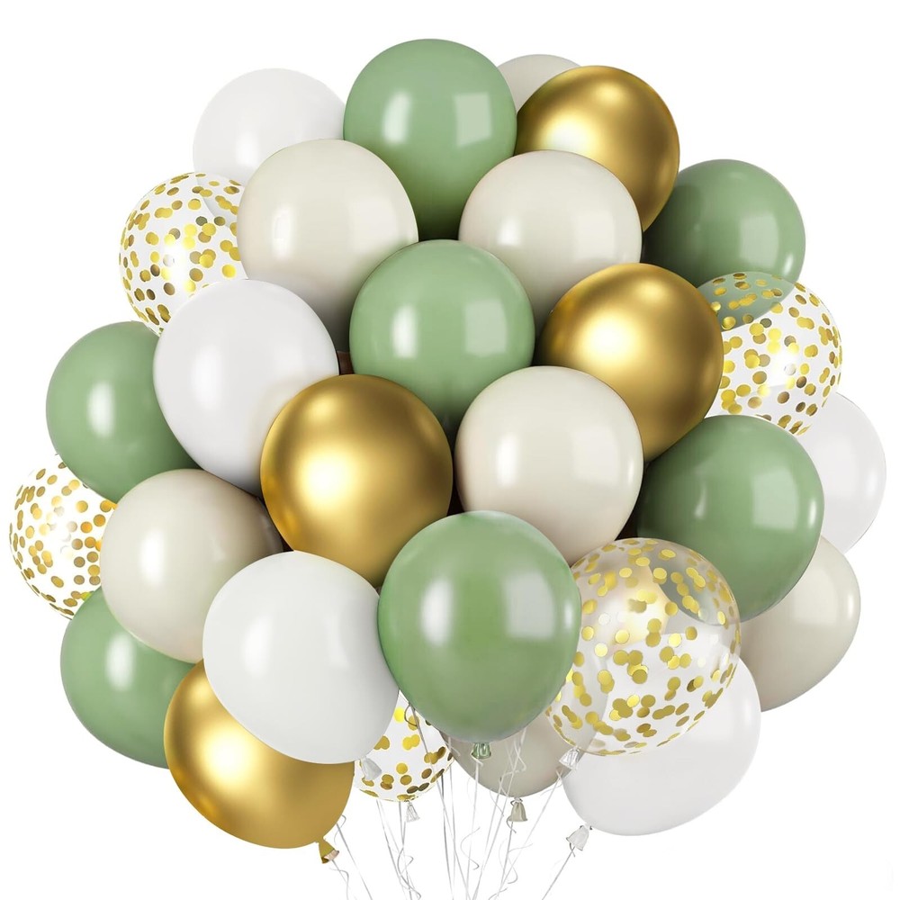 Sage Green White Gold Balloons, 50pcs Olive Green Gold Metallic Sand White Ba…