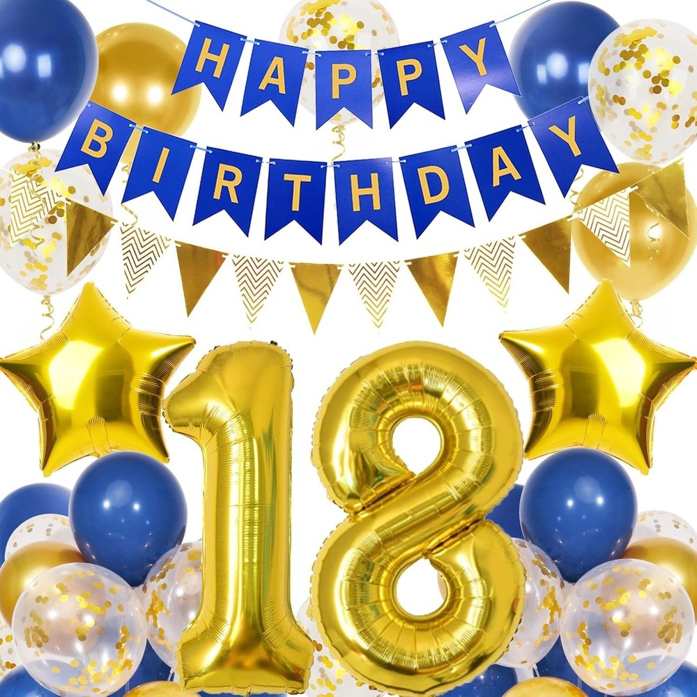 Blue and Gold 18th Birthday Decorations 40 Inch Number Foil Balloons For Boys