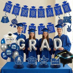 Royal Blue Silver 2026 Graduation Party Decor – Balloons, Banner, Swirls & Cente