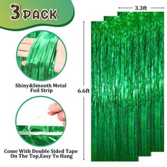 Green Foil Fringe Backdrop Curtains 3 PCS 3.3×6.6 FT Tinsel Streamers Decor