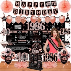 40th Birthday Party Decorations Set – 25PCS Black Rose Gold Banner, Balloons, Ba