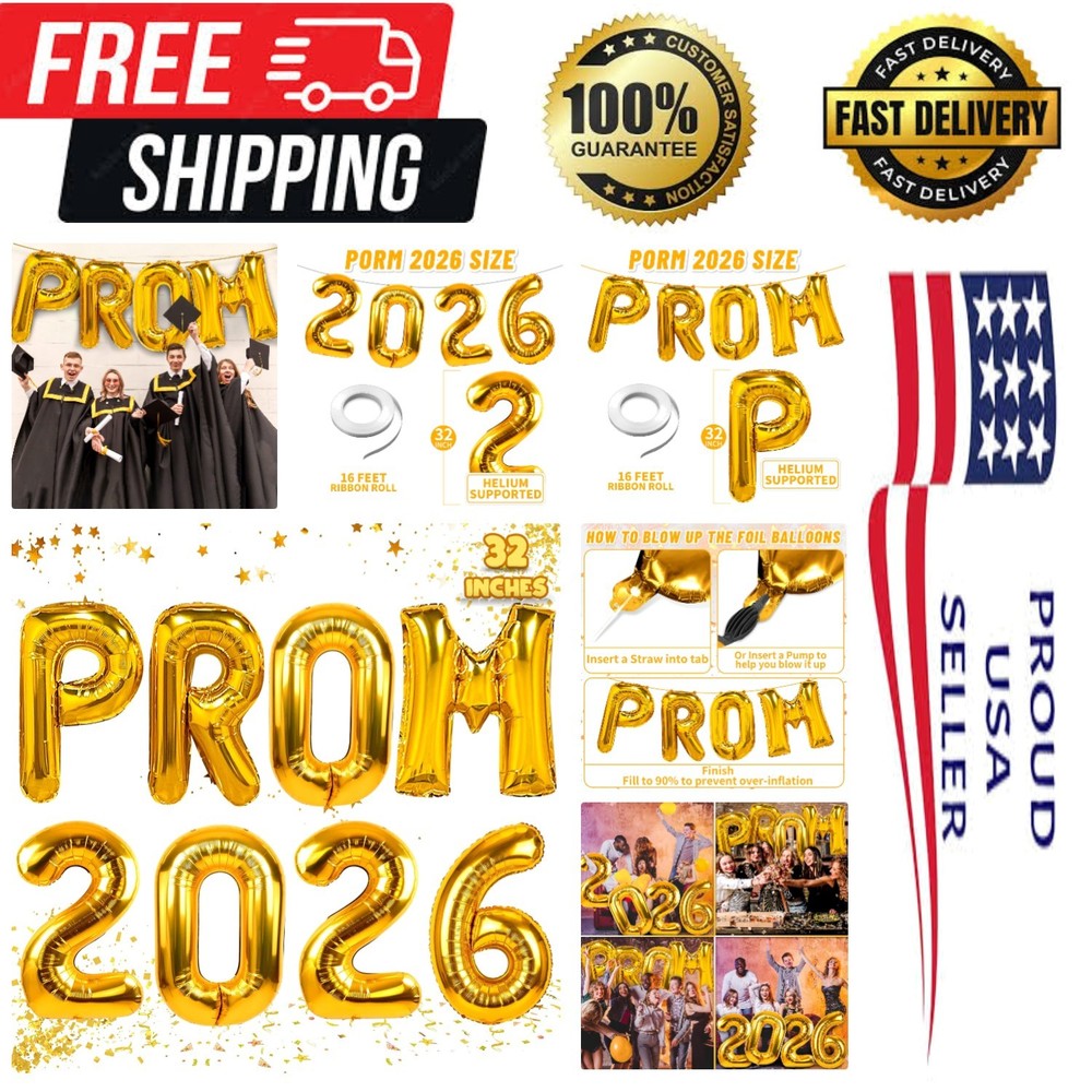 Elegant Gold Mylar PROM 2026 Balloons – 32 Inches of Joy for Your Celebration
