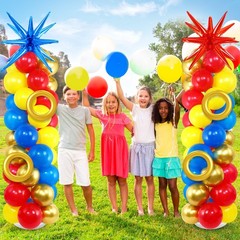 2 Set Red Blue Yellow Balloon Column Stand Kit with 2 Explosion Star Foil Bal…