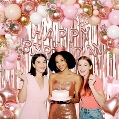 Decoraciones de cumpleaños en oro rosa, pancartas feliz cumpleaños, suministros