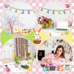 1 Set Easter Mantle Garland 6.56 Ft Wood Bunny Easter Beads Banner Rabbits Hangi