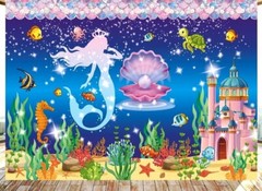 Birthday Backdrop Mermaid-Under the Sea Theme (8x6FT) Baby Shower, Blue & Purple