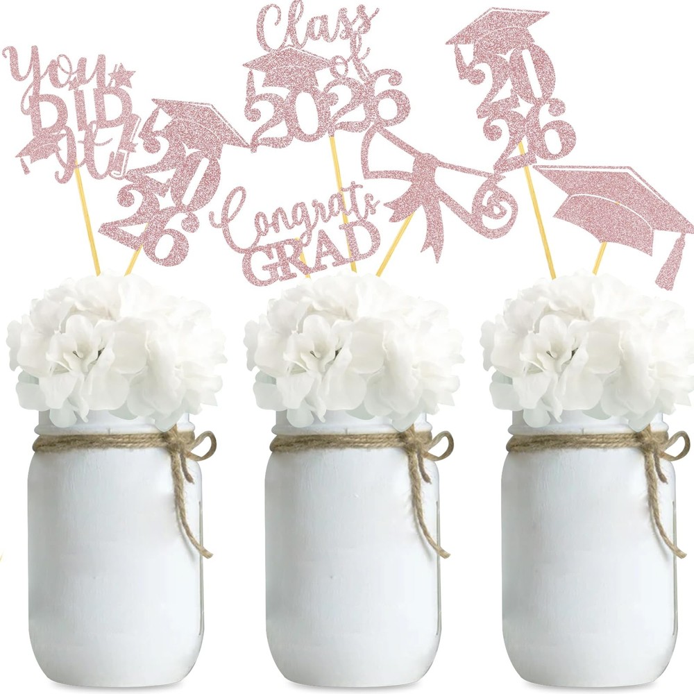 Graduation Centerpiece Sticks 24 PCS Glitter Grad Picks Table Decor Rose Gold