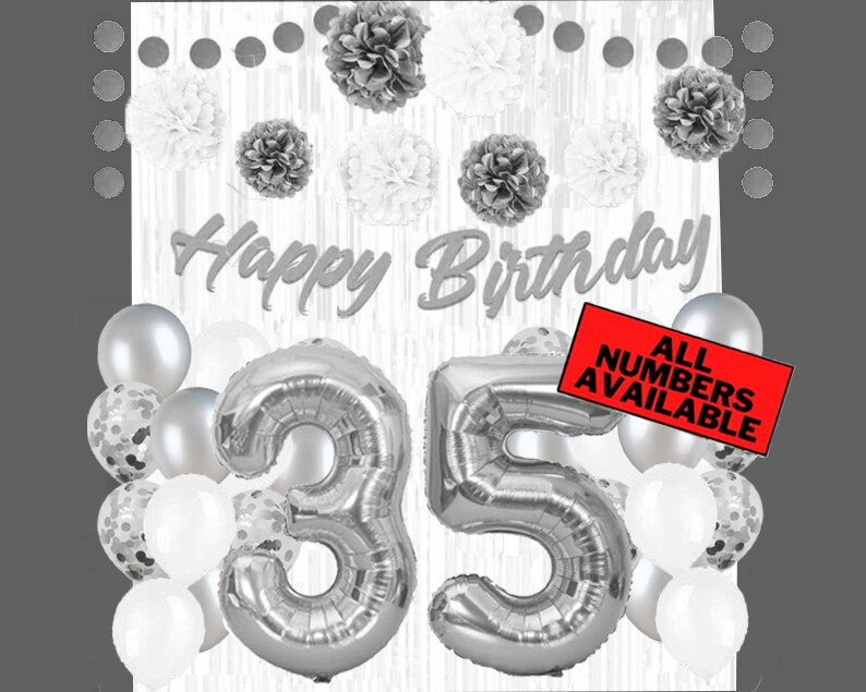 Silver & White 35th Birthday Decorations – 40″ Number Balloons &More-Boy or Girl