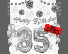 Silver & White 35th Birthday Decorations – 40″ Number Balloons &More-Boy or Girl