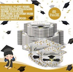 60 Piece Disposable Graduation Party (2 sizes) Plates – Black, Gold, and White