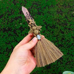 Witch Cinnamon Broom Natural Crystal Magic Sweeper Rose Quartz Tower Broom DIY