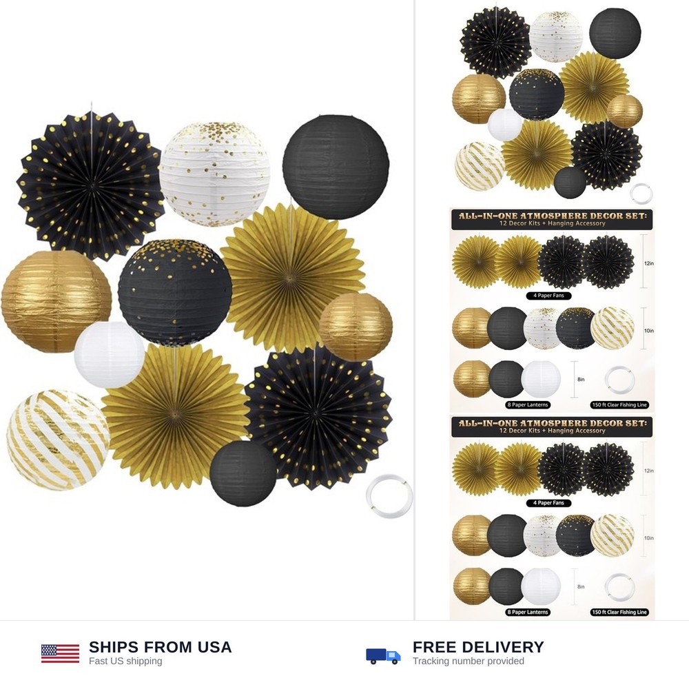 Black and Gold Party Decorations Set with Hanging Paper Lanterns Fans for Gra…