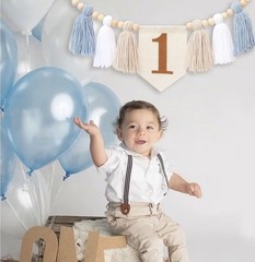 Boho Blue Handmade 1st Birthday Baby Boy High Chair Highchair Banner Party Photo