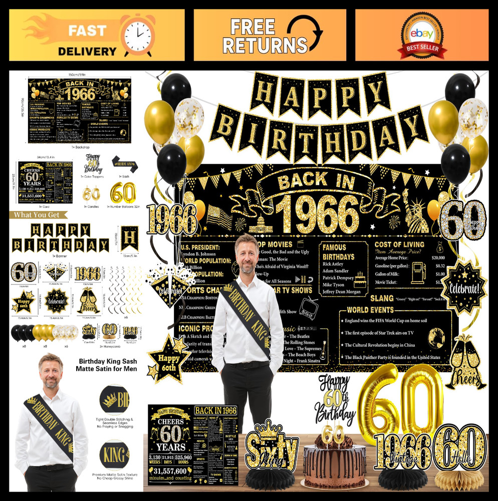 60th Birthday Party Decorations – Black & Gold Supplies, Back in 1966 Theme, Ban
