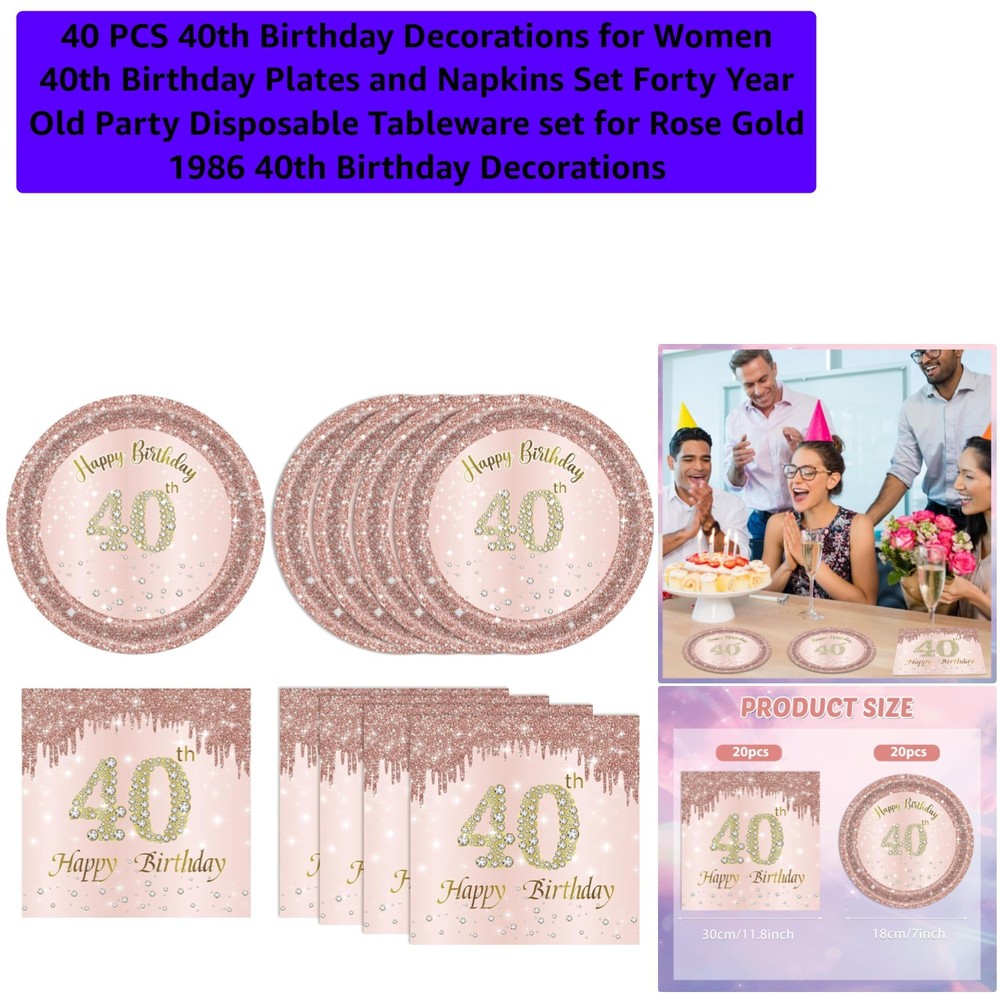 40 PCS Rose Gold 40th Birthday Plates & Napkins Set – Elegant 1986 Party Decor