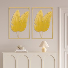 2PCS Wall Decorations Gold Iron Leaf Wall Hanging Home Decor w/Frame Wall Decor