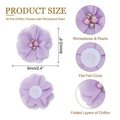 30Pcs 2″ Chiffon Flowers with Rhinestone Pearl Sewing Fabric Flowers, Purple