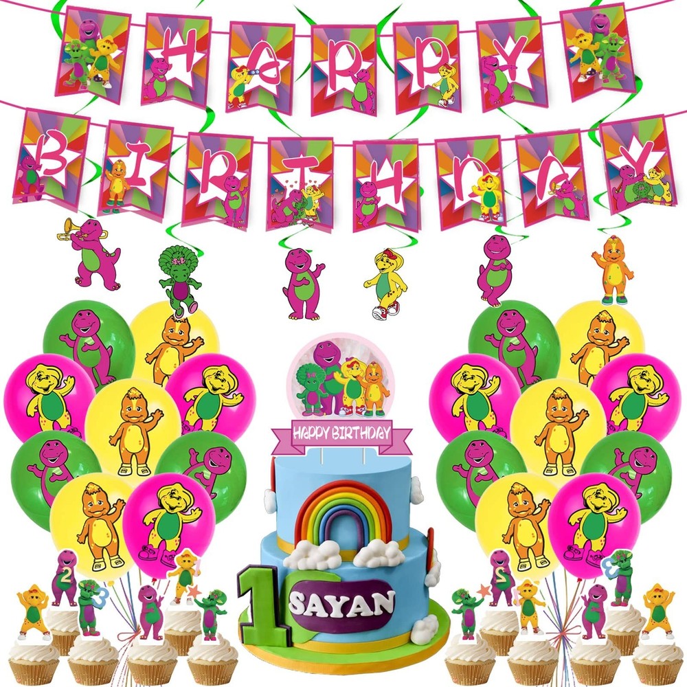 Barney Birthday Party Supplies – Happy Birthday Banner, Cake Topper, Balloons &