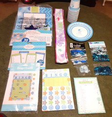 Baby Shower Decorations for Boy Blue/White Set Decor Games Plates Cups Satch
