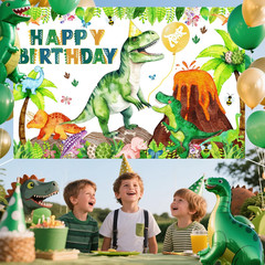 Dinosaur Birthday Backdrop Banner Roar Dino Happy Birthday Jungle Leaves T-Rex D