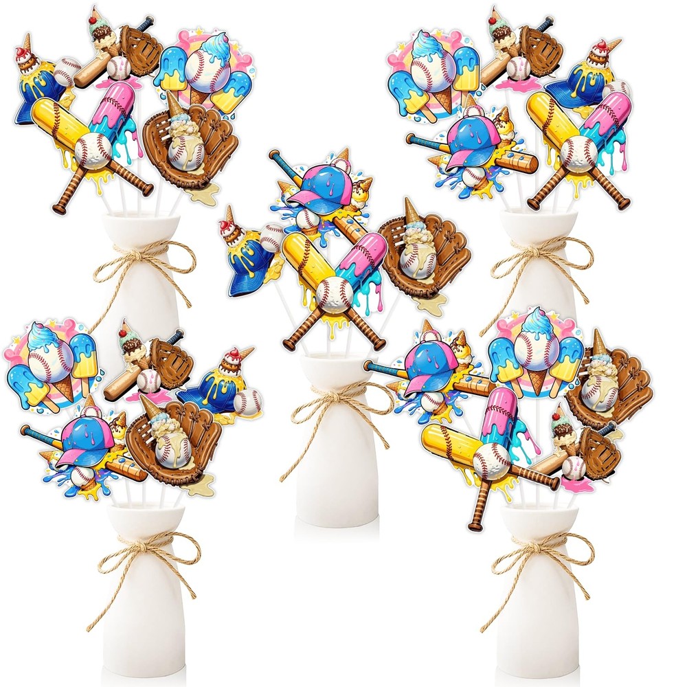 Ice Cream Drip Baseball Party Decorations, 24pcs Double-Sided Table Centerpie…